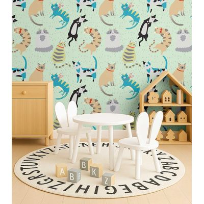 Papel de Parede Adesivo Removível Impermeável Estampa de Gatos para Quarto Infantil - Verde - S4Sassy 63,5 cm (L) × 304,8 cm (C) / Verde - Vinil Liso