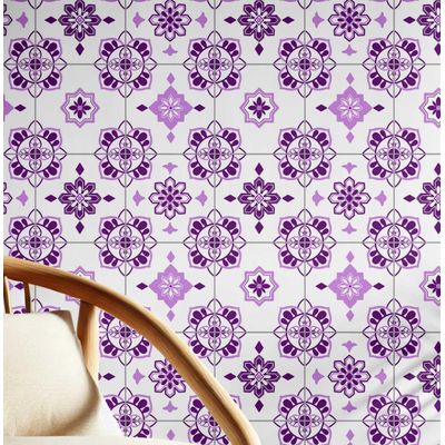 Papel de Parede Adesivo Impermeável Estilo Vintage, Azulejo Floral para Cozinha, Roxo - S4Sassy 63,5 cm (L) × 152,4 cm (C) / Roxo - Vinil Liso