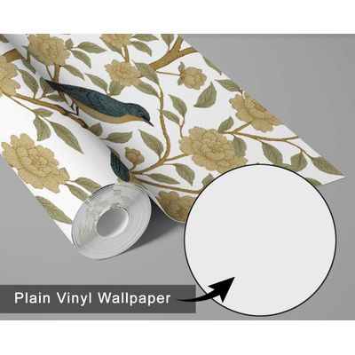 Papel de Parede Adesivo Vinil Impermeável Flor e Pássaro Negro para Paredes e Armários - S4Sassy 63,5 cm (L) × 152,4 cm (C) / Branco - Vinil Texturizado