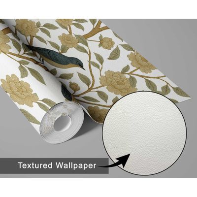 Papel de Parede Adesivo Vinil Impermeável Flor e Pássaro Negro para Paredes e Armários - S4Sassy 63,5 cm (L) × 152,4 cm (C) / Branco - Vinil Texturizado