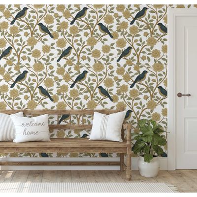 Papel de Parede Adesivo Vinil Impermeável Flor e Pássaro Negro para Paredes e Armários - S4Sassy 63,5 cm (L) × 152,4 cm (C) / Branco - Vinil Texturizado