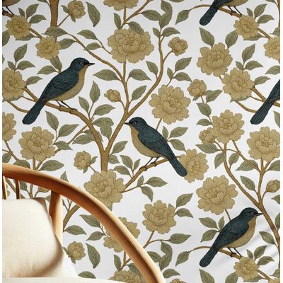 Papel de Parede Adesivo Vinil Impermeável Flor e Pássaro Negro para Paredes e Armários - S4Sassy 63,5 cm (L) × 152,4 cm (C) / Branco - Vinil Texturizado