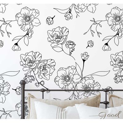 Papel de Parede Adesivo Vinil, Arte Floral Minimalista, Impermeável, para Paredes e Armários - S4Sassy 63,5 cm (L) × 152,4 cm (C) / Preto - Vinil Texturizado