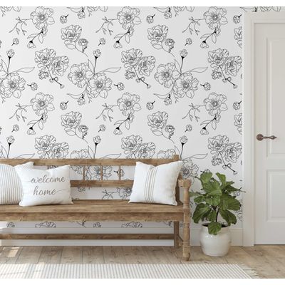 Papel de Parede Adesivo Vinil, Arte Floral Minimalista, Impermeável, para Paredes e Armários - S4Sassy 63,5 cm (L) × 152,4 cm (C) / Preto - Vinil Texturizado