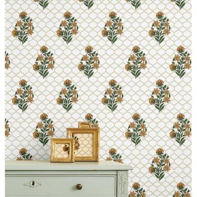Papel de Parede Adesivo Impermeável Treliça de Rosas Estilo Asiático Amarelo para Quartos e Sala - S4Sassy 63,5 cm (L) × 152,4 cm (C) / Amarelo - Vinil Texturizado