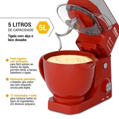 Batedeira Planetária Philco 900W 5L Turbo Vermelha PBP90B 220V