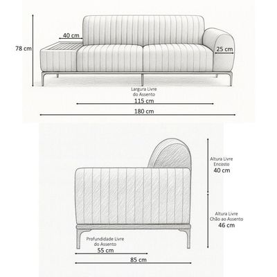 Sofá Molino 3 Lugares 180cm C/mesa Auxiliar Direito Pés Ouro.f Bouclé Cinza Claro - Nexta Casa