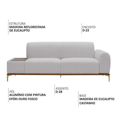 Sofá Molino 3 Lugares 180cm C/mesa Auxiliar Direito Pés Ouro.f Bouclé Cinza Claro - Nexta Casa