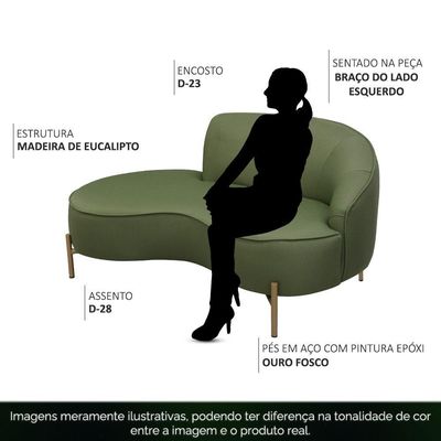Sofá Curvo 3 Lugares 180cm Braço Esq. Thommy Pés Ouro Linho Verde Claro - Nexta Casa