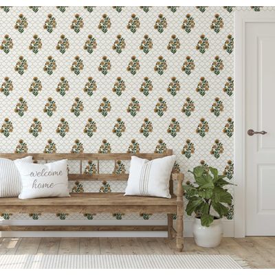 Papel de Parede Adesivo Impermeável Treliça de Rosas Estilo Asiático Amarelo para Quartos e Sala - S4Sassy 63,5 cm (L) × 609,6 cm (C) / Amarelo - Vinil Liso