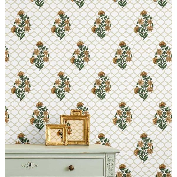 Papel de Parede Adesivo Impermeável Treliça de Rosas Estilo Asiático Amarelo para Quartos e Sala - S4Sassy 63,5 cm (L) × 152,4 cm (C) / Amarelo - Vinil Liso
