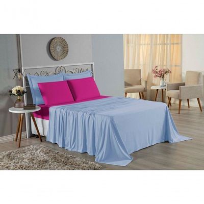 Jogo De Cama Casal Viúva Nobre 4 Peças Malha 100% Algodão - Azul-bebê / Pink