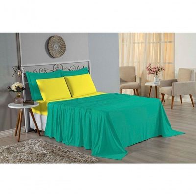 Jogo De Cama King Nobre 4 Peças Lençol Com Elástico De 30cm De Altura Malha 100% Algodão - Jade / Amarelo