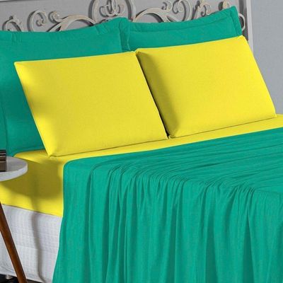 Jogo De Cama King Nobre 4 Peças Lençol Com Elástico De 30cm De Altura Malha 100% Algodão - Jade / Amarelo