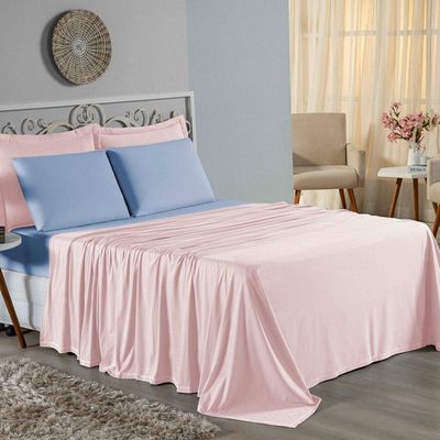 Jogo De Cama Casal Viúva Nobre 4 Peças Malha 100% Algodão - Rosa / Azul-bebê
