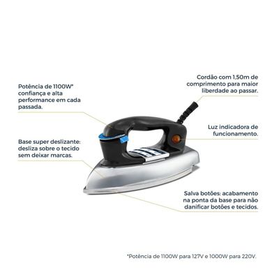 Ferro de Passar a Seco Base de Alumínio Britânia BFS50A 220V