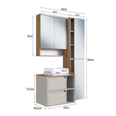 Conjunto Gabinete p/ Banheiro Suspenso 96cm c/ 4 Peças Iluminação em Led e Cuba Branca Cor Mel/Arena