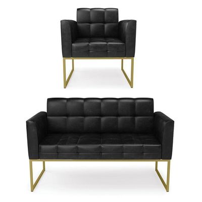Kit 1 Sofá Namoradeira E 1 Poltrona Elisa Corano Preto Base Metálica Industrial Dourado - D'rossi