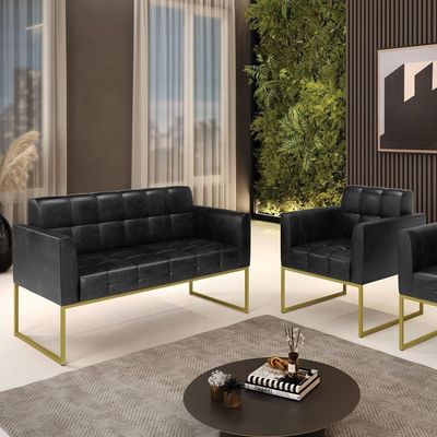 Kit 1 Sofá Namoradeira E 1 Poltrona Elisa Corano Preto Base Metálica Industrial Dourado - D'rossi
