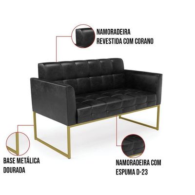 Kit 1 Sofá Namoradeira E 1 Poltrona Elisa Corano Preto Base Metálica Industrial Dourado - D'rossi