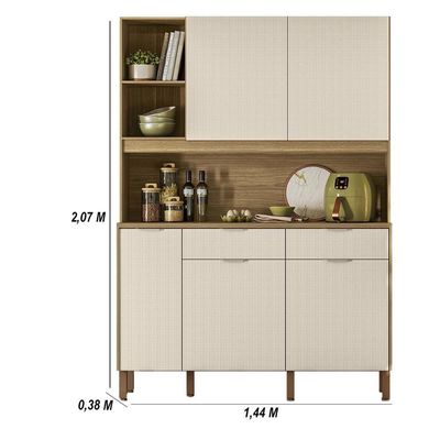 Armário De Cozinha Compacto Flora 5 Portas 2 Gavetas Com Nicho P/micro-ondas 1,44m - Freijó/soft