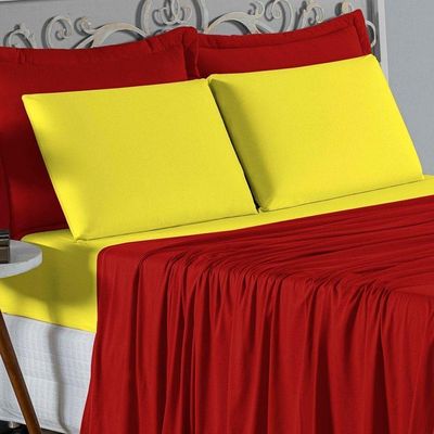 Jogo De Cama Casal Viúva Nobre 4 Peças Malha 100% Algodão - Vermelho / Amarelo