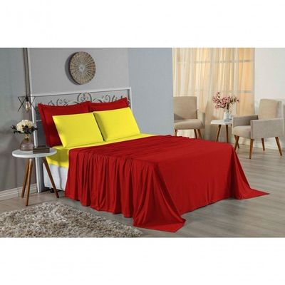 Jogo De Cama Casal Viúva Nobre 4 Peças Malha 100% Algodão - Vermelho / Amarelo