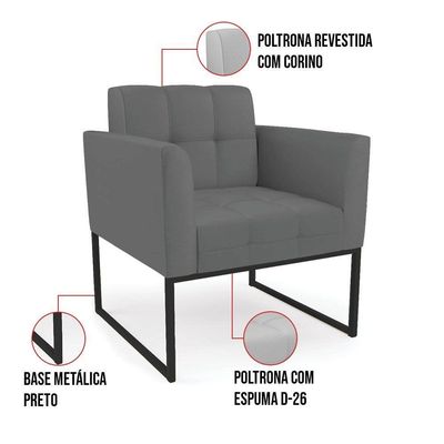 Kit 2 Poltronas Sala Decorativa Elisa Base Industrial Principal Sintético Grafite Preto D'Rossi