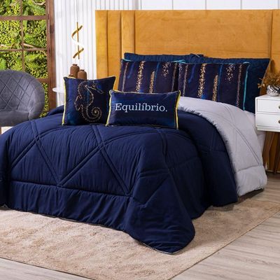 Kit Edredom Queen Verano Com Almofadas Estampadas 07 Peças - Dupla Face Percal 300 Fios Cor Cavalo Marinho