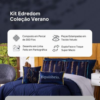 Kit Edredom Queen Verano Com Almofadas Estampadas 07 Peças - Dupla Face Percal 300 Fios Cor Cavalo Marinho