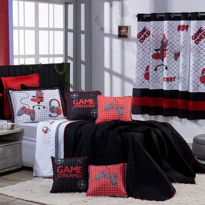 Kit Cobre Leito Colcha Solteiro Game Streamer Vermelho Dupla Face Com Almofadas Estampadas 05 Peças