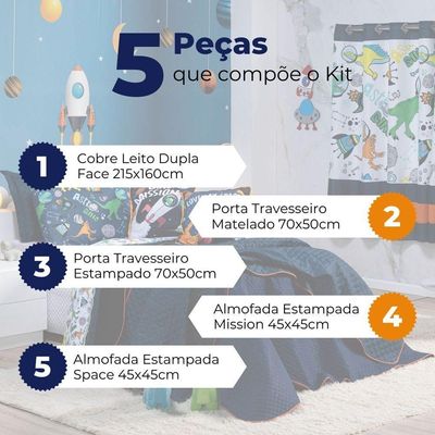 Kit Cobre Leito Colcha Solteiro Astrodino Azul Marinho/preto Dupla Face Com Almofadas Estampadas 05 Peças