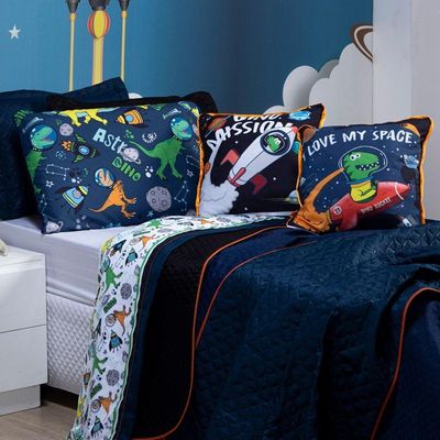 Kit Cobre Leito Colcha Solteiro Astrodino Azul Marinho/preto Dupla Face Com Almofadas Estampadas 05 Peças