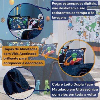 Kit Cobre Leito Colcha Solteiro Astrodino Azul Marinho/preto Dupla Face Com Almofadas Estampadas 05 Peças
