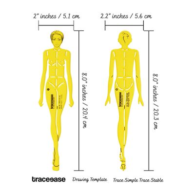 Kit 2 Moldes Traceease Figura Humana Feminina Frontal e Posterior para Ilustração, Estudos de Proporção e Apoio ao Desenho - Inkdotpot 20,32 Cm / Amarelo