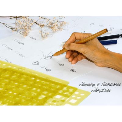 Traceease Lote de 8 Peças: Modelos e Estênceis para Desenho de Joias, Calculadora de Tamanho e Peso de Pedras, Padrões Mistos - IBA Crafts Amarelo