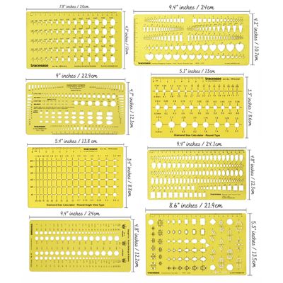 Traceease Lote de 8 Peças: Modelos e Estênceis para Desenho de Joias, Calculadora de Tamanho e Peso de Pedras, Padrões Mistos - IBA Crafts Amarelo