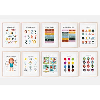 Traceease 10 Cartazes Educativos Laminados para Sala de Aula e Pré-Escola — ABC, Números, Formas, Emoções, Dias da Semana - IBA Crafts 22,86 Cm × 30,48 Cm / Multicolorido
