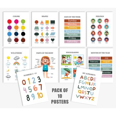 Traceease 10 Cartazes Educativos Laminados para Sala de Aula e Pré-Escola — ABC, Números, Formas, Emoções, Dias da Semana - IBA Crafts 22,86 Cm × 30,48 Cm / Multicolorido