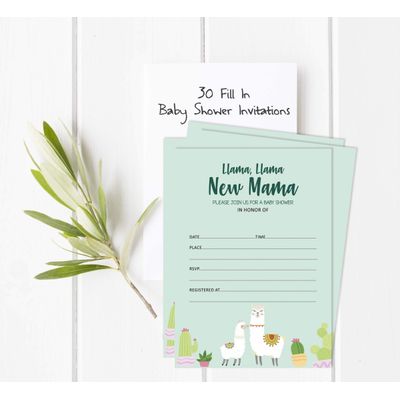 30 Cartões Para Preencher Para Chá de Bebê Lhama Gênero Neutro - Inkdotpot 10,16 Cm × 7,62 Cm / Verde - Livro pro Bebê