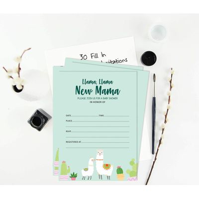 30 Cartões Para Preencher Para Chá de Bebê Lhama Gênero Neutro - Inkdotpot 10,16 Cm × 7,62 Cm / Verde - Livro pro Bebê