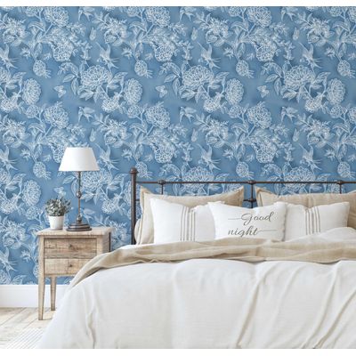 Papel de Parede Vinil Adesivo Floral Azul, Removível, Impermeável para Quartos e Armários - S4Sassy 63,5 cm (L) × 304,8 cm (C) / Azul - Vinil Liso