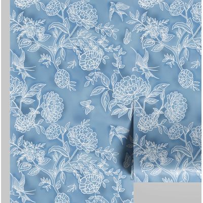 Papel de Parede Vinil Adesivo Floral Azul, Removível, Impermeável para Quartos e Armários - S4Sassy 63,5 cm (L) × 304,8 cm (C) / Azul - Vinil Liso