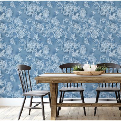 Papel de Parede Vinil Adesivo Floral Azul, Removível, Impermeável para Quartos e Armários - S4Sassy 63,5 cm (L) × 304,8 cm (C) / Azul - Vinil Liso