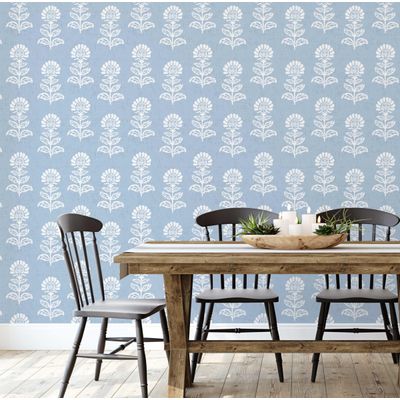Papel de Parede Adesivo Vinil Floral Étnico Asiático, Impermeável, Removível, p/ Quartos e Salas - S4Sassy 63,5 cm (L) × 914,4 cm (C) / Azul - Vinil Liso