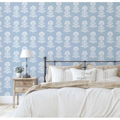 Papel de Parede Adesivo Vinil Floral Étnico Asiático, Impermeável, Removível, p/ Quartos e Salas - S4Sassy 63,5 cm (L) × 914,4 cm (C) / Azul - Vinil Liso