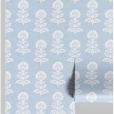 Papel de Parede Adesivo Vinil Floral Étnico Asiático, Impermeável, Removível, p/ Quartos e Salas - S4Sassy 63,5 cm (L) × 914,4 cm (C) / Azul - Vinil Liso