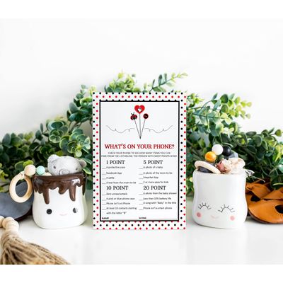 Jogo de Chá de Bebê "O Que Tem no Seu Celular?", Tema Joaninha, 50 Unidades - Inkdotpot 12,7 Cm × 17,78 Cm / Branco