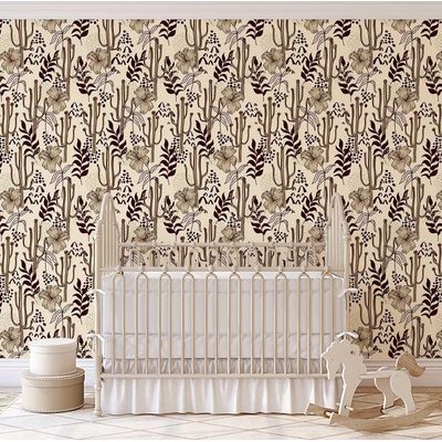 Papel de Parede Vinil Removível Adesivo, Floral Cactus Botânico Impermeável para Quartos, Salas e Armários - S4Sassy 63,5 cm (L) × 914,4 cm (C) / Marrom - Vinil Liso