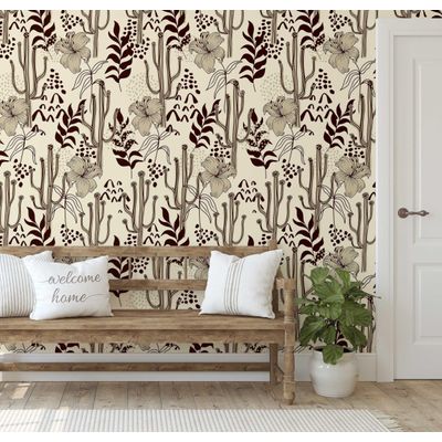 Papel de Parede Vinil Removível Adesivo, Floral Cactus Botânico Impermeável para Quartos, Salas e Armários - S4Sassy 63,5 cm (L) × 914,4 cm (C) / Marrom - Vinil Liso